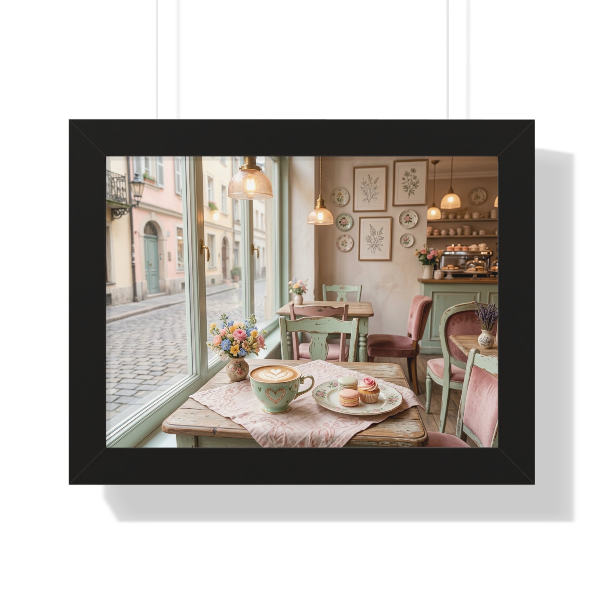 “Afternoon Café Stillness” Framed Poster: Cozy Pastel Café Wall Art | Hygge Coffee Shop Interior Print | Soft Luxury Home Decor