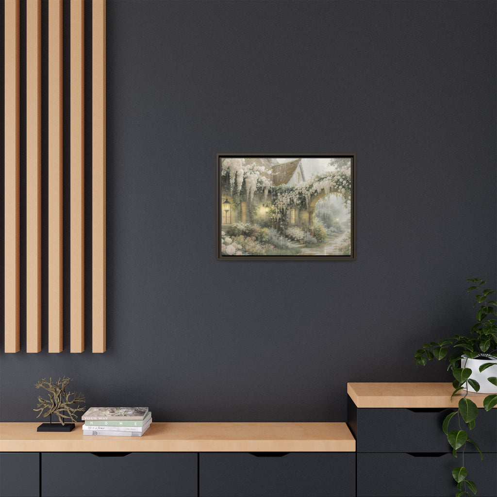 Framed Matte Canvas Print – Cottage Garden Pathway in Soft Floral Hues