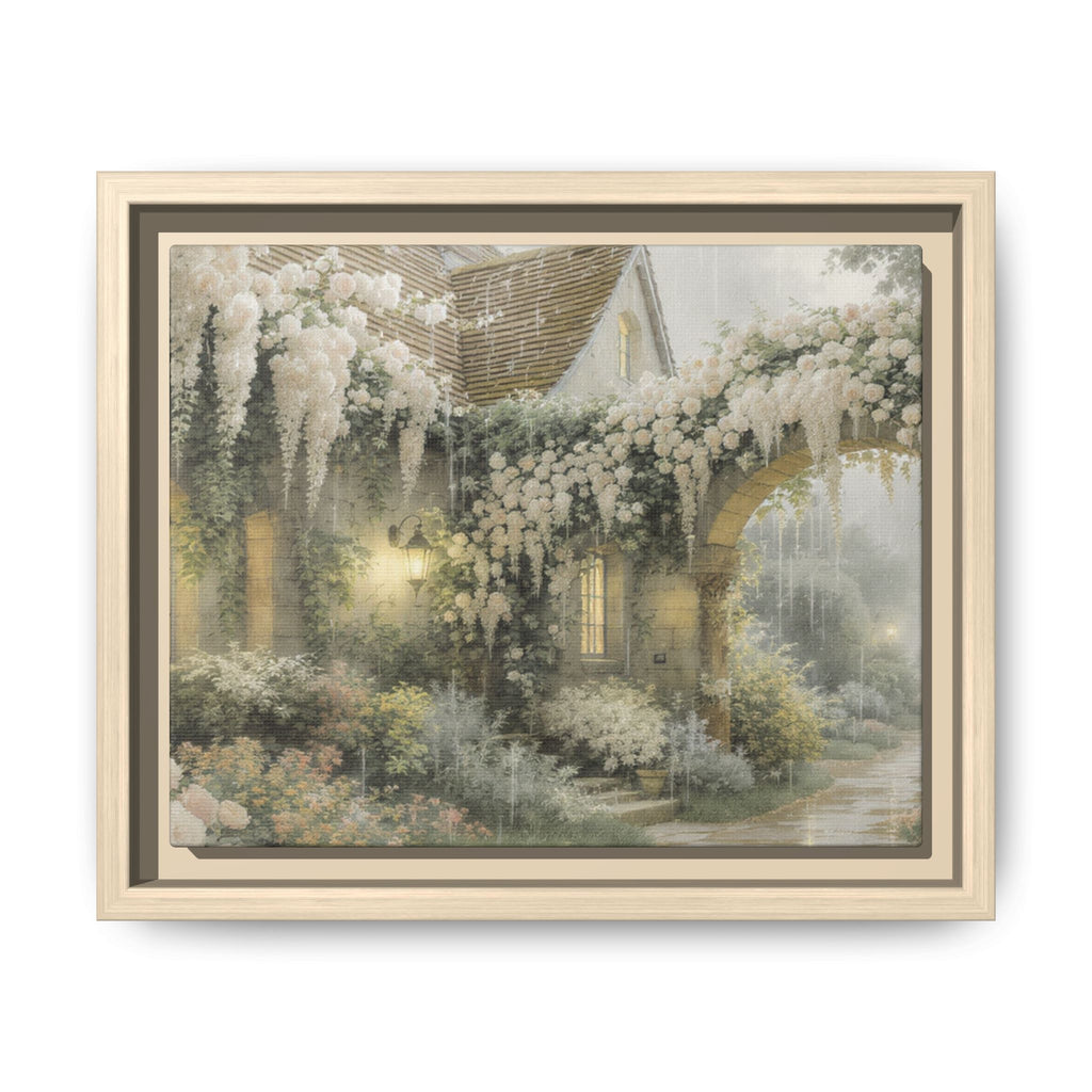Framed Matte Canvas Print – Cottage Garden Pathway in Soft Floral Hues