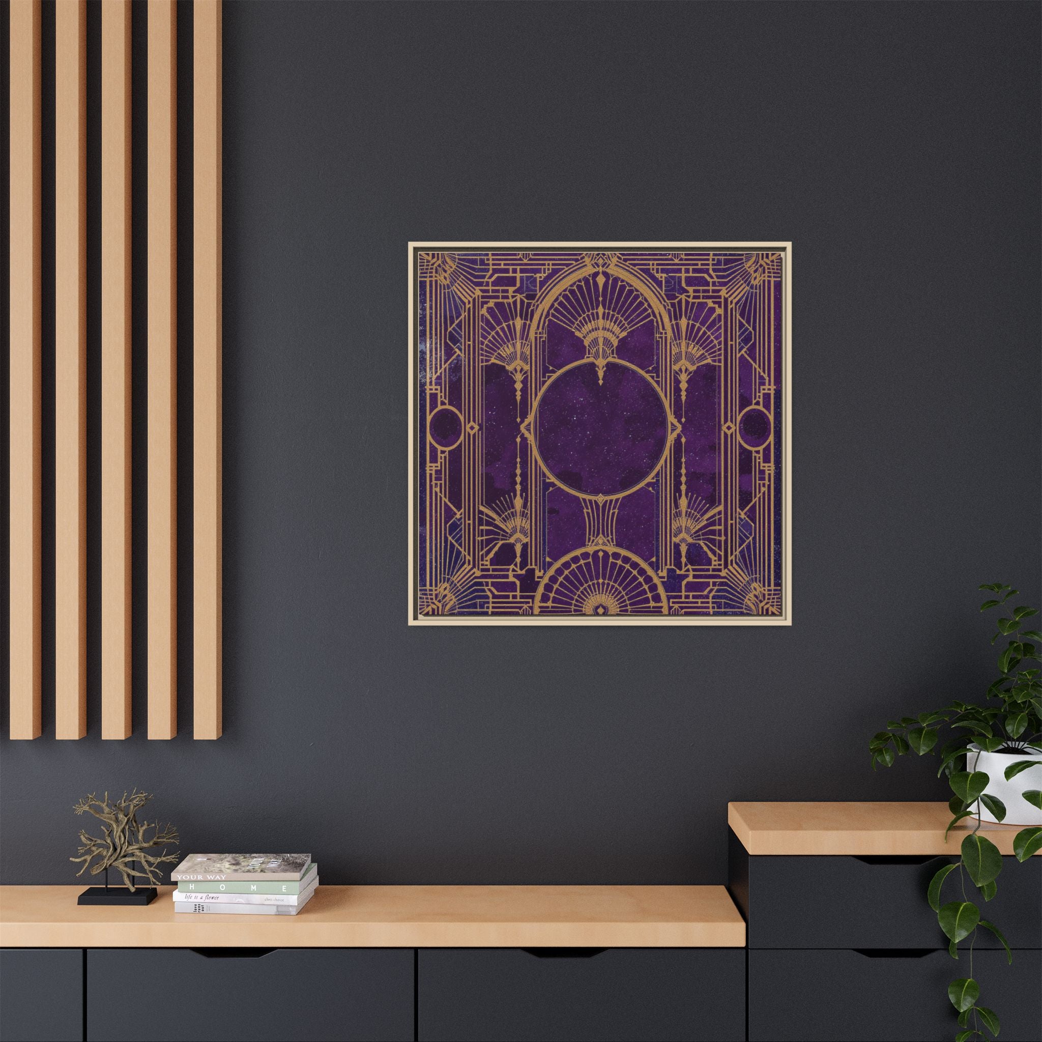 Art Deco Purple Gold Framed Canvas Wall Art