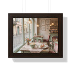 “Afternoon Café Stillness” Framed Poster: Cozy Pastel Café Wall Art | Hygge Coffee Shop Interior Print | Soft Luxury Home Decor