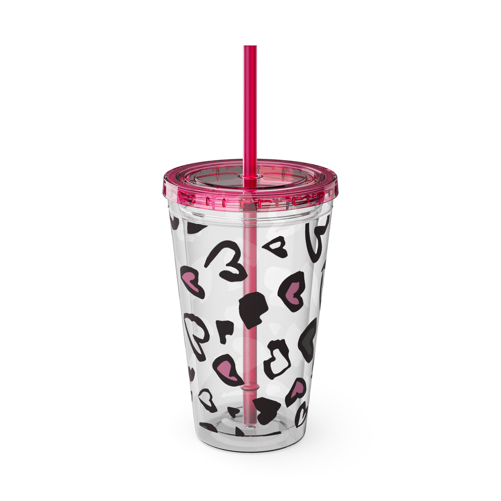 Heart Leopard 16oz Tumbler with Straw — Pink & Black Animal Print Cold Cup