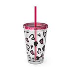 Heart Leopard 16oz Tumbler with Straw — Pink & Black Animal Print Cold Cup