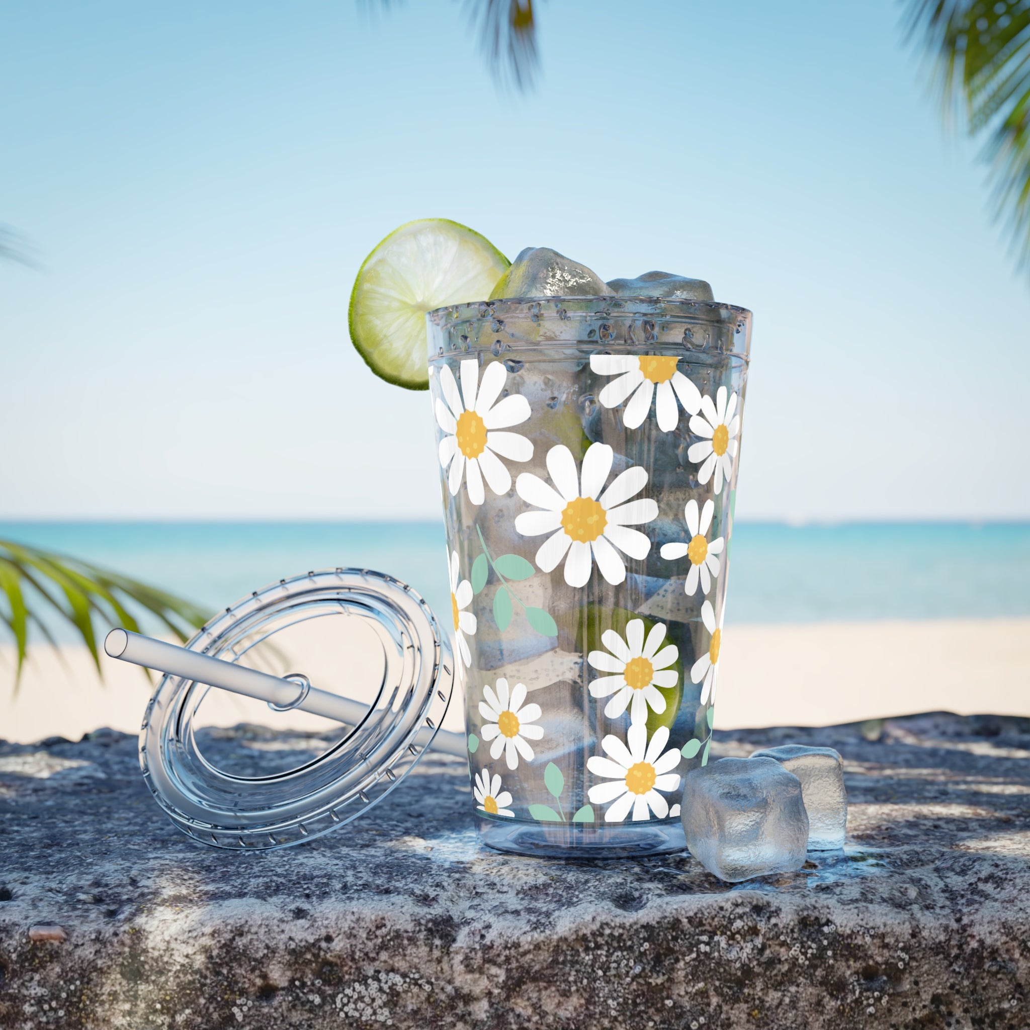 16oz Daisy Tumbler with Straw — Clear Floral Sunsplash Cup