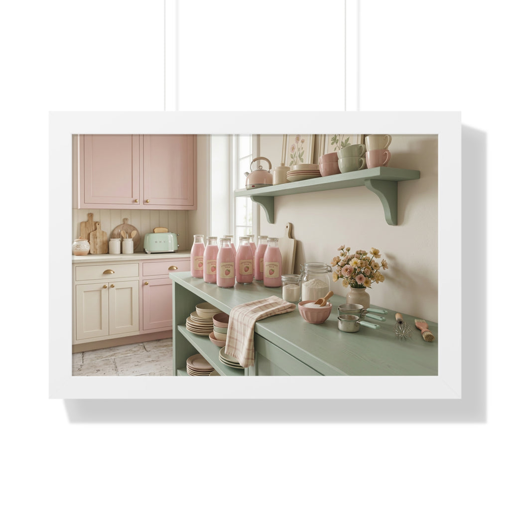 “Strawberry Milk Kitchen Aesthetic” Framed Poster: Pastel Kitchen Wall Art | Strawberry Milk Aesthetic Still Life Print | Soft Retro Home Decor