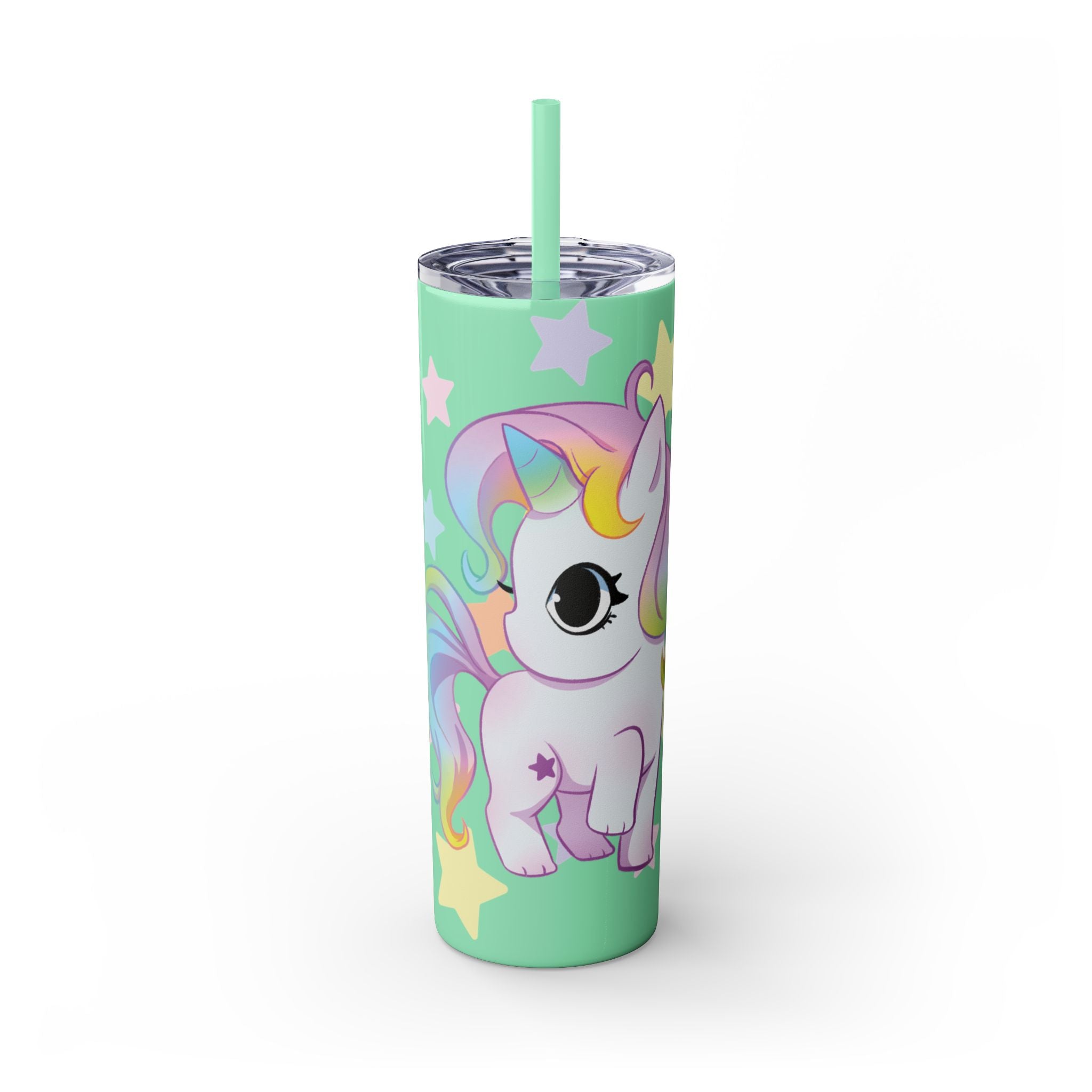 Unicorn Skinny Tumbler 20oz — Cute Pastel Rainbow Unicorn with Straw