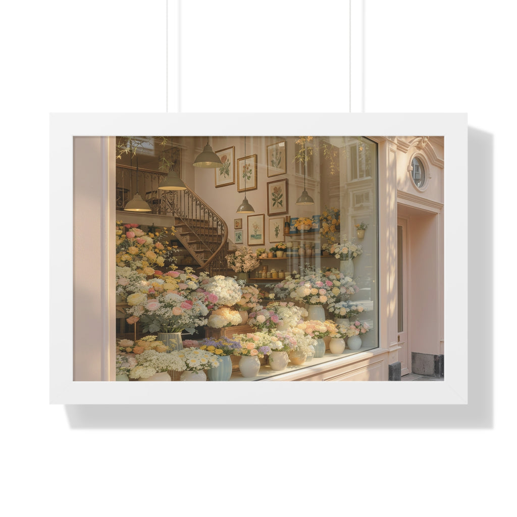 “Golden Hour Flower Boutique” Framed Poster: Pastel Flower Shop Wall Art | Soft Boutique Street Photography Print | Cozy European Aesthetic Decor