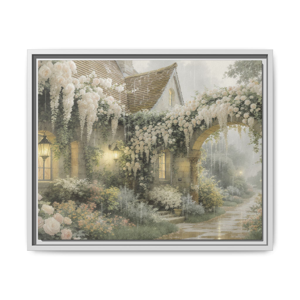 Framed Matte Canvas Print – Cottage Garden Pathway in Soft Floral Hues