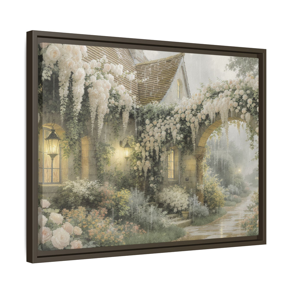 Framed Matte Canvas Print – Cottage Garden Pathway in Soft Floral Hues
