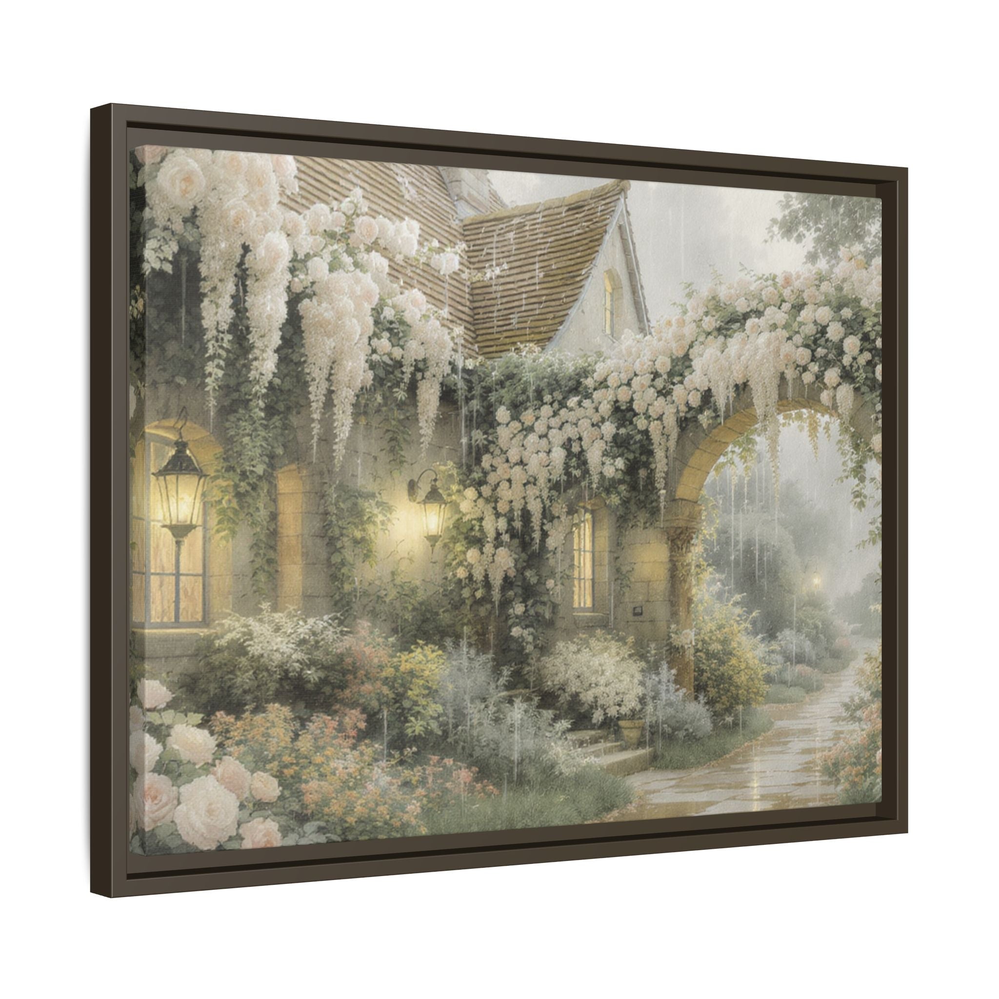 Framed Matte Canvas Print – Cottage Garden Pathway in Soft Floral Hues