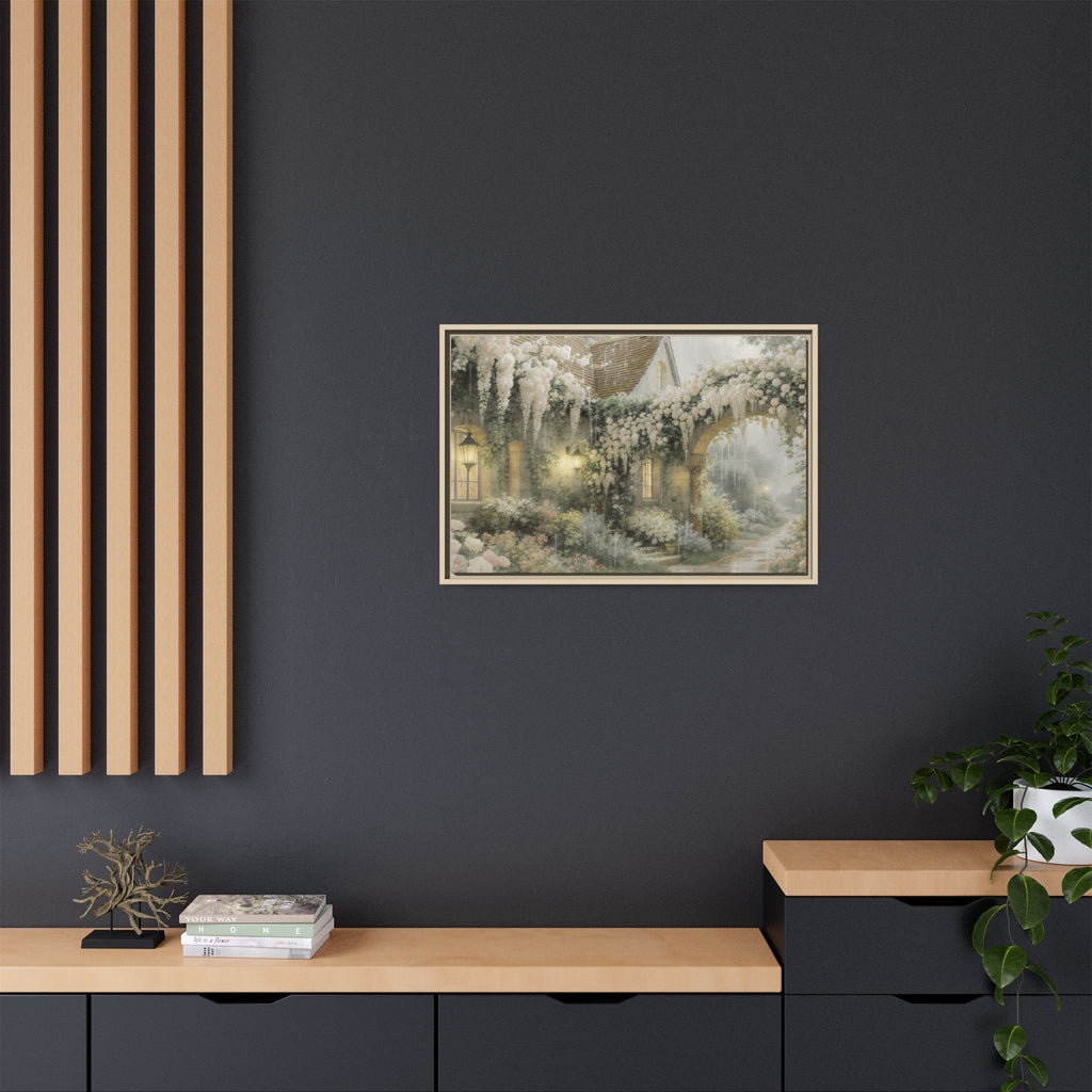 Framed Matte Canvas Print – Cottage Garden Pathway in Soft Floral Hues