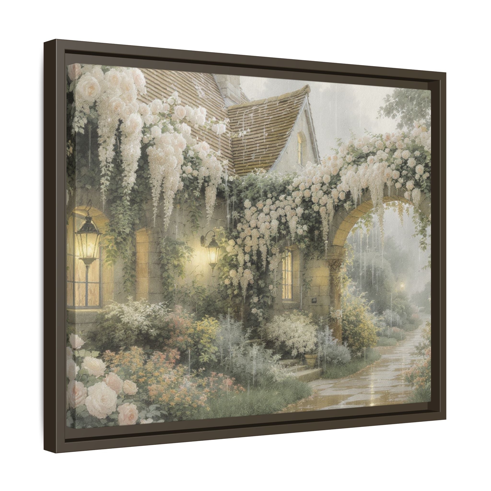 Framed Matte Canvas Print – Cottage Garden Pathway in Soft Floral Hues