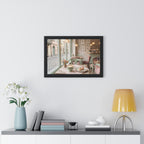 “Afternoon Café Stillness” Framed Poster: Cozy Pastel Café Wall Art | Hygge Coffee Shop Interior Print | Soft Luxury Home Decor