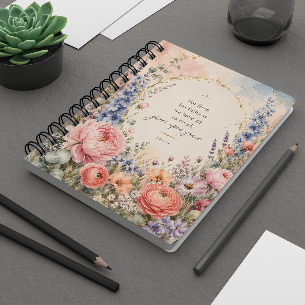 Floral Scripture Spiral Journal — "For from His fullness... grace upon grace"