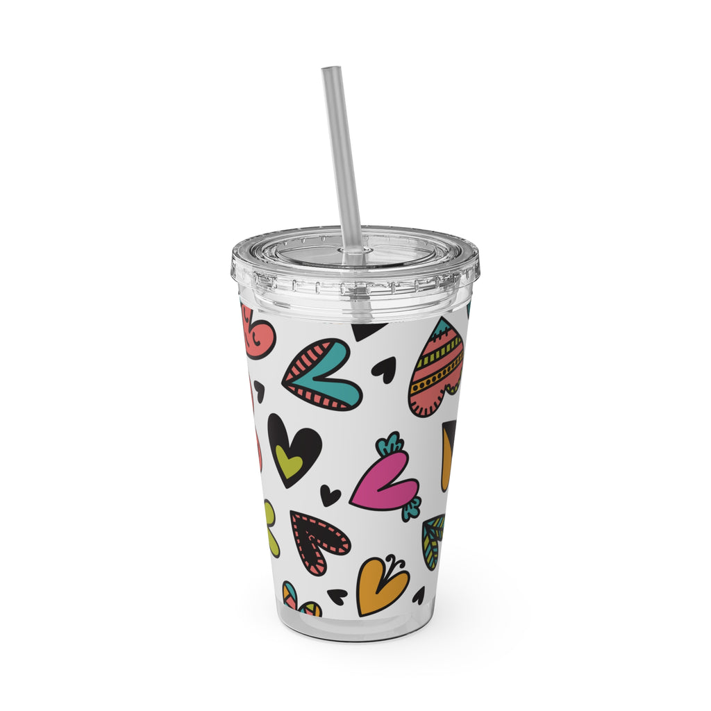 16oz Heart Pattern Tumbler with Straw — Colorful Doodle Hearts Travel Cup