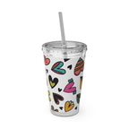 16oz Heart Pattern Tumbler with Straw — Colorful Doodle Hearts Travel Cup