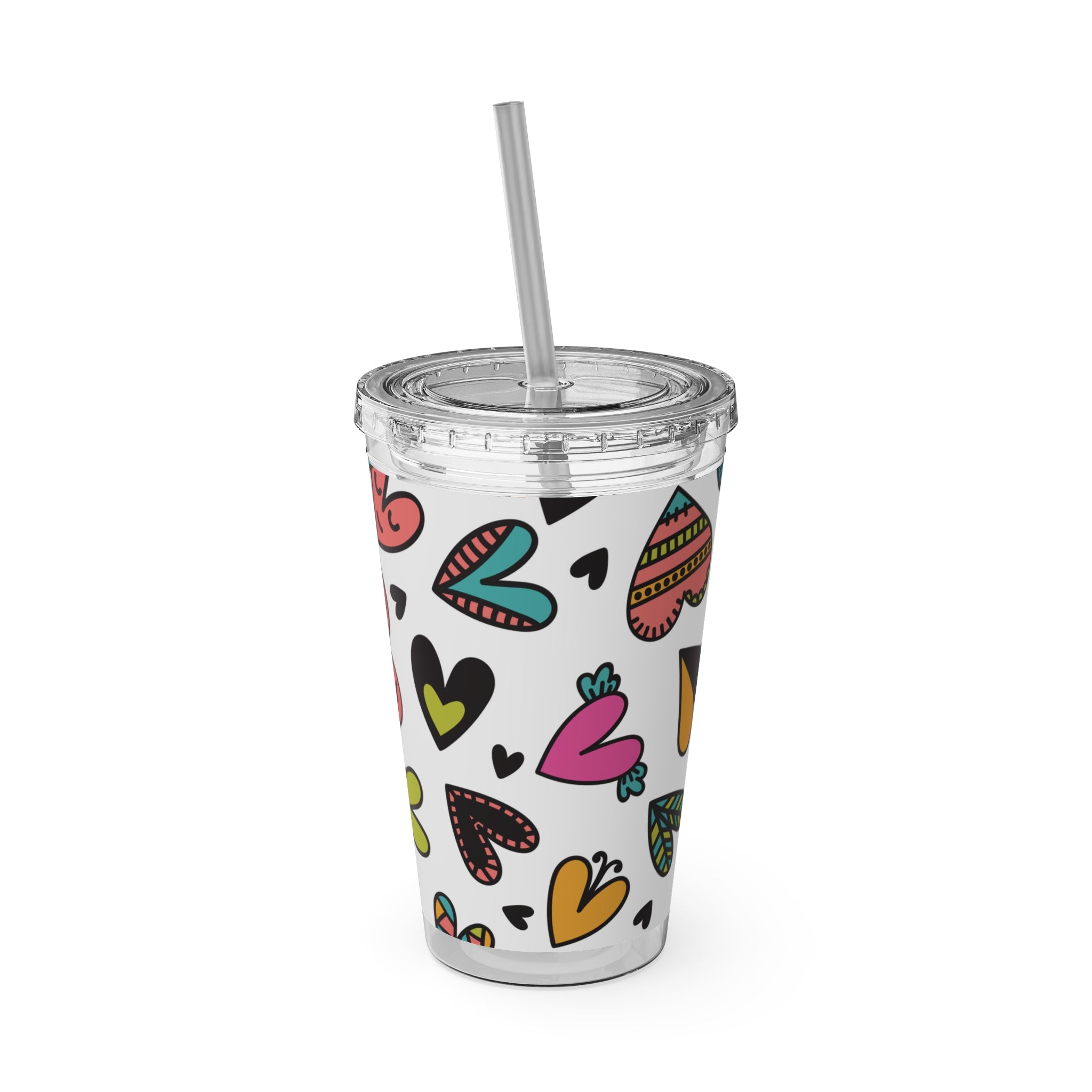 16oz Heart Pattern Tumbler with Straw — Colorful Doodle Hearts Travel Cup