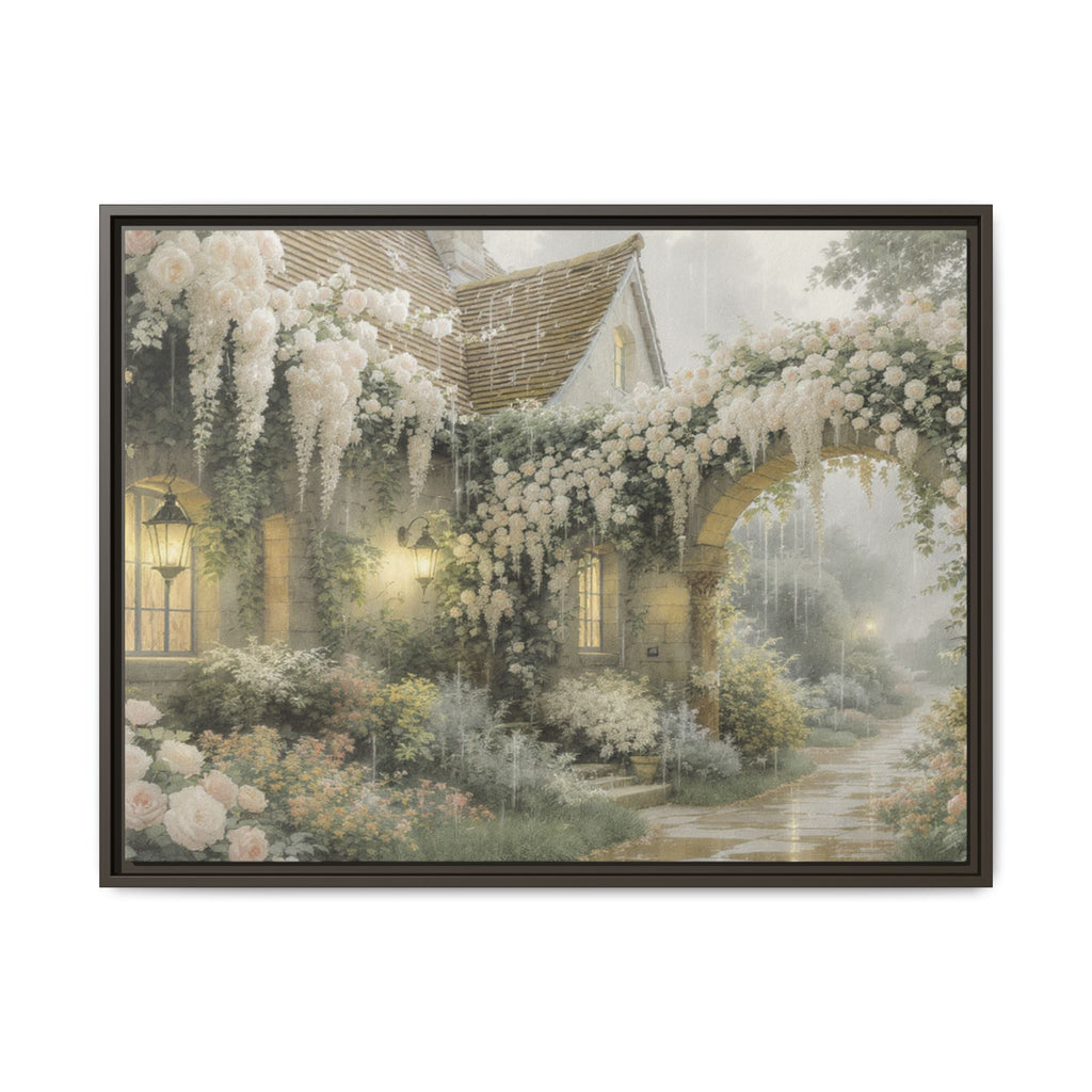 Framed Matte Canvas Print – Cottage Garden Pathway in Soft Floral Hues