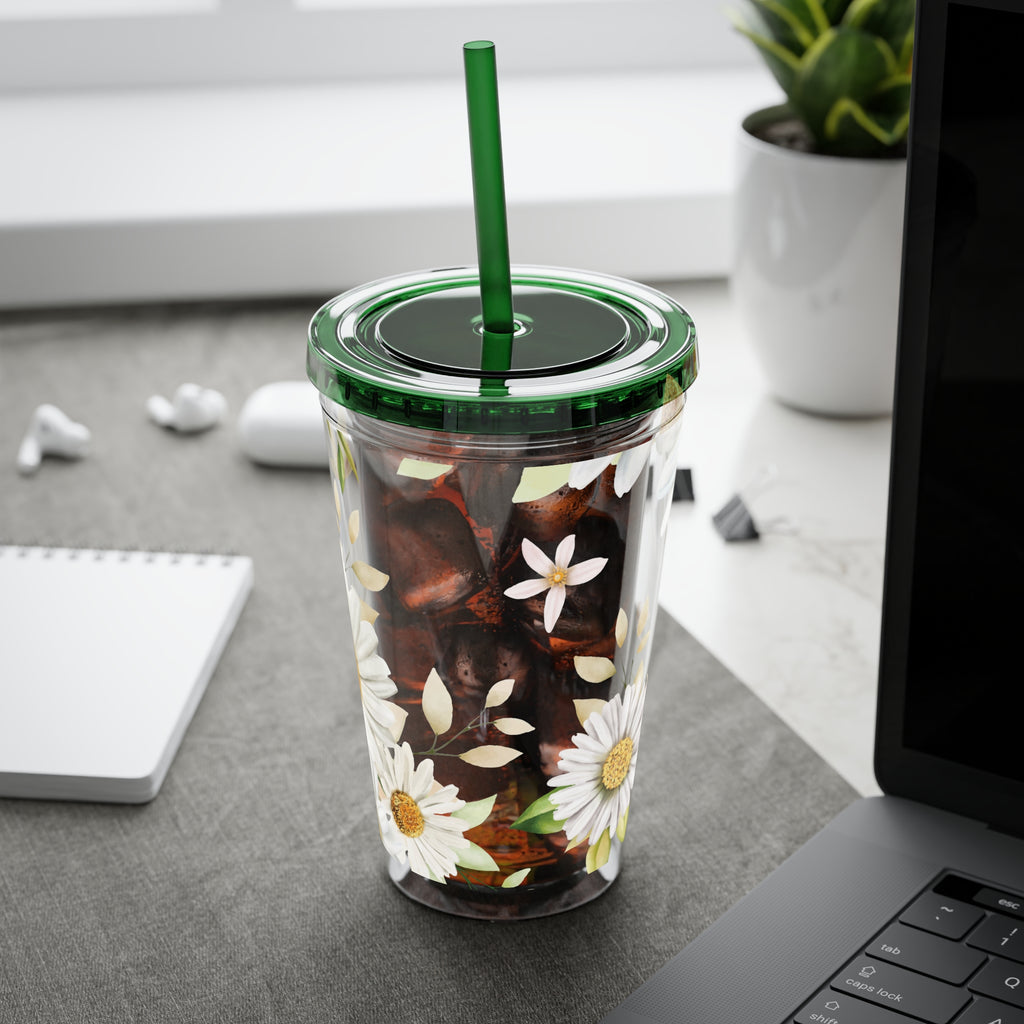 Daisy Floral 16oz Tumbler with Straw — Clear Sunlit Daisy Print