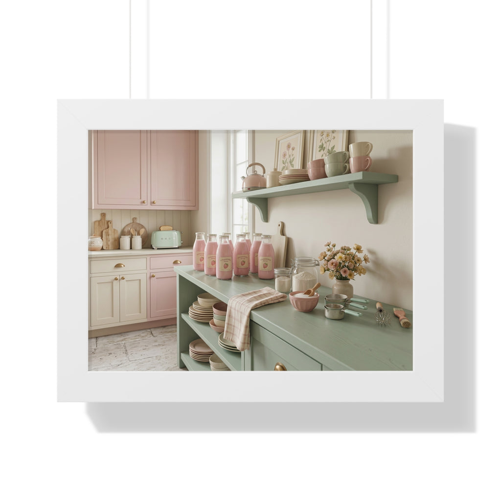 “Strawberry Milk Kitchen Aesthetic” Framed Poster: Pastel Kitchen Wall Art | Strawberry Milk Aesthetic Still Life Print | Soft Retro Home Decor
