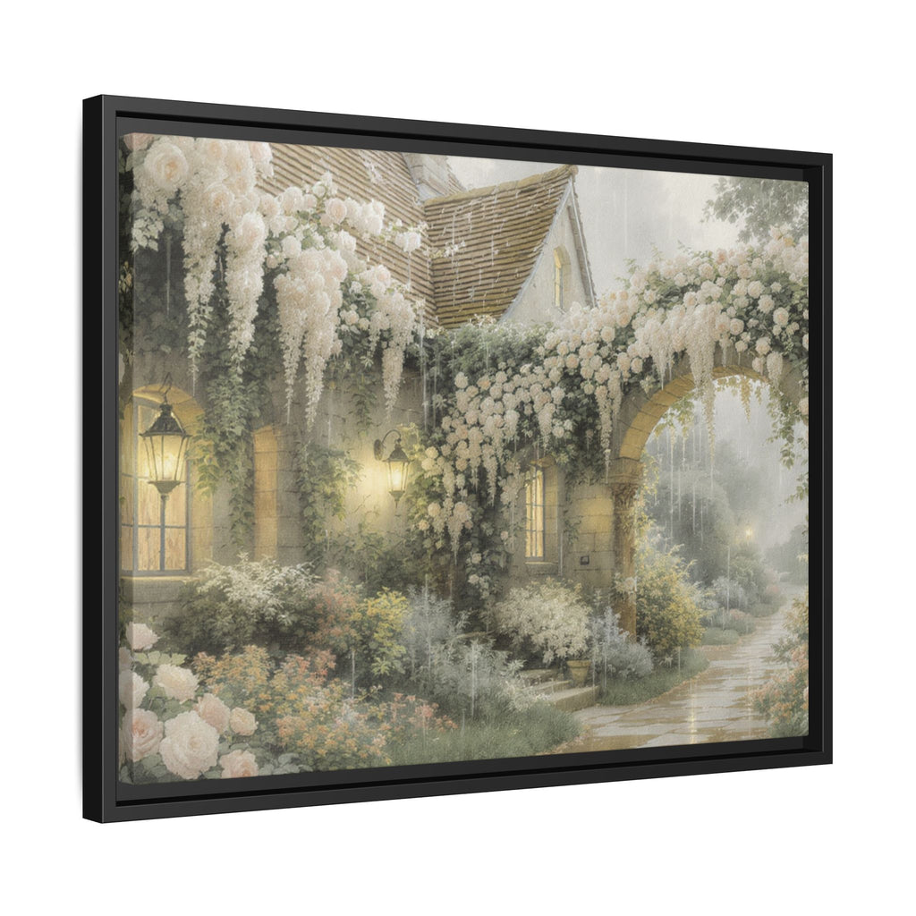 Framed Matte Canvas Print – Cottage Garden Pathway in Soft Floral Hues