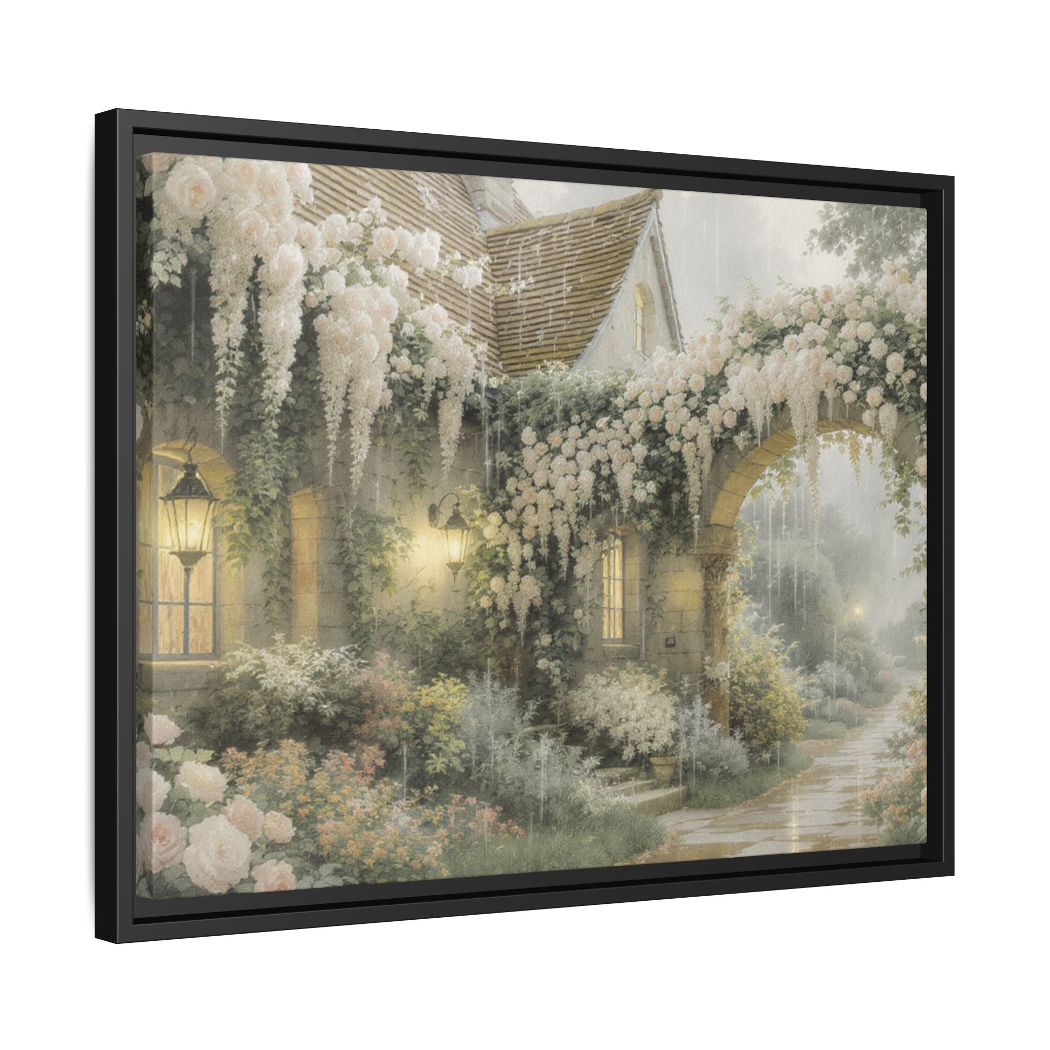 Framed Matte Canvas Print – Cottage Garden Pathway in Soft Floral Hues