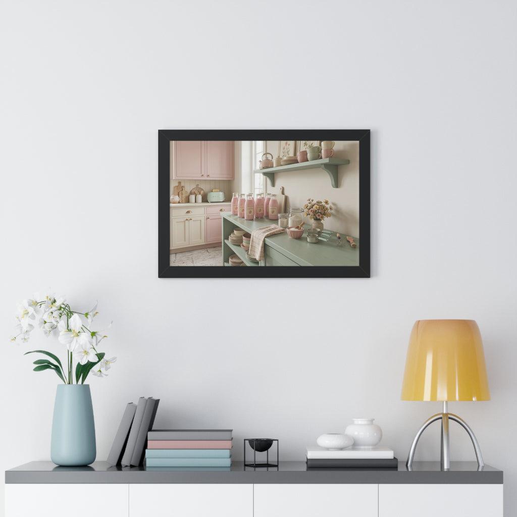 “Strawberry Milk Kitchen Aesthetic” Framed Poster: Pastel Kitchen Wall Art | Strawberry Milk Aesthetic Still Life Print | Soft Retro Home Decor