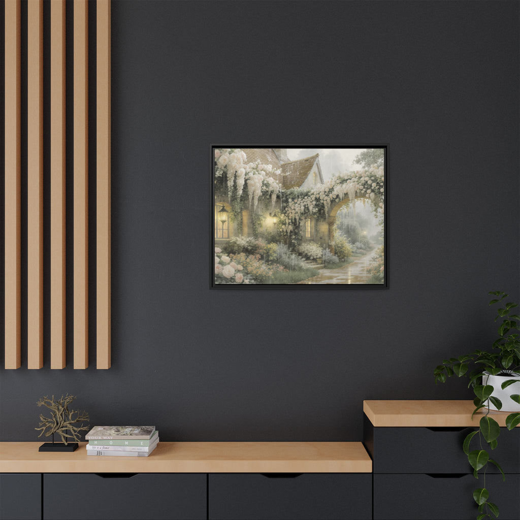 Framed Matte Canvas Print – Cottage Garden Pathway in Soft Floral Hues