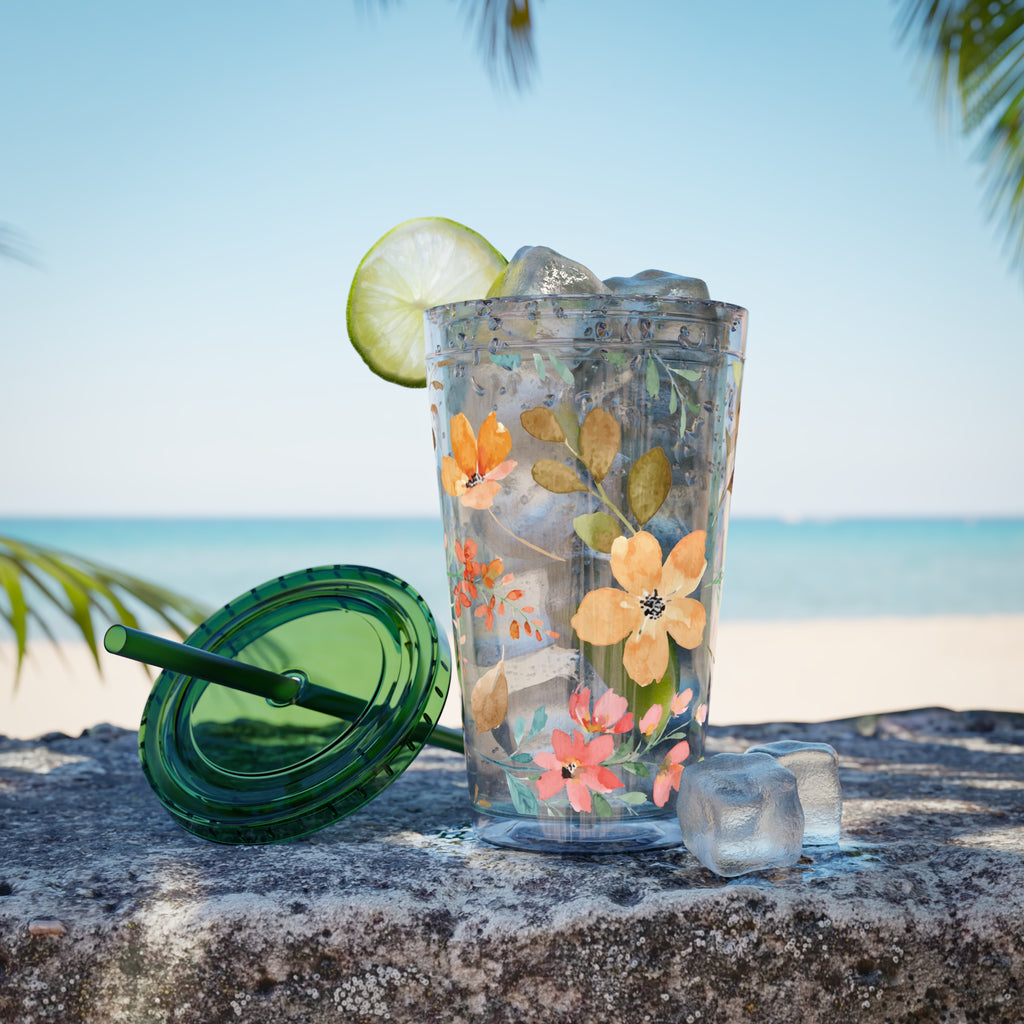 Floral Sunsplash 16oz Tumbler with Straw — Watercolor Wildflower Drink Cup
