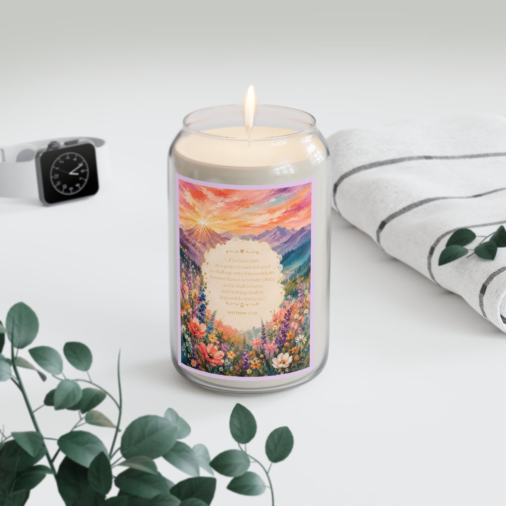 Soy Candle - Sunrise Mountain Floral Scented Candle with Inspirational Verse (13.75oz)