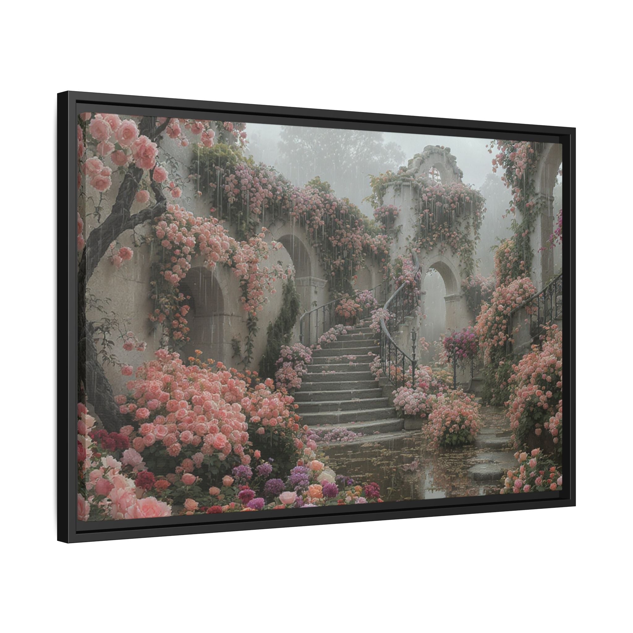 Framed Matte Canvas — Enchanted Rose Garden Staircase Wall Art