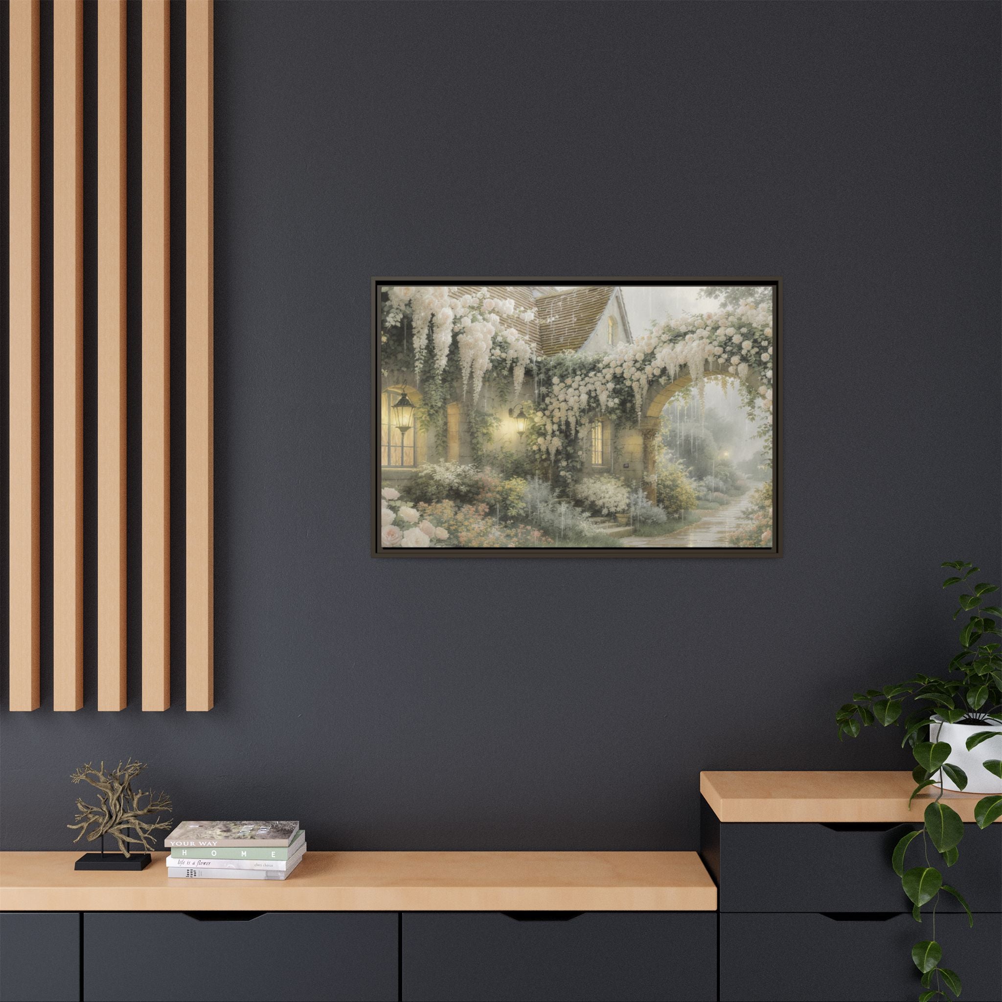 Framed Matte Canvas Print – Cottage Garden Pathway in Soft Floral Hues